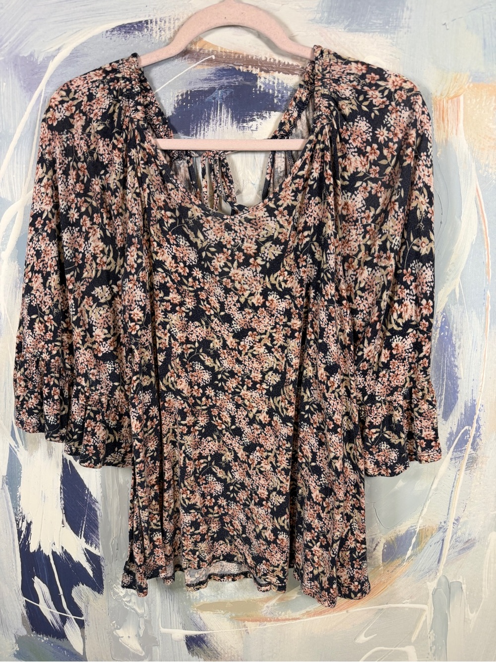 Bobeau Floral Scoop Neck Blouse Size S Black Pink Ruched Boho Ruffle Sleeve